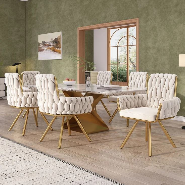 Merax Samt-Esszimmerstuhl, 4er set, Sessel, einzelner luxuriöser Wohn- und Schlafzimmer-Drehstuhl, Freizeit-Drehstuhl mit vier Stützbeinen aus Metall, beige – Bild 3