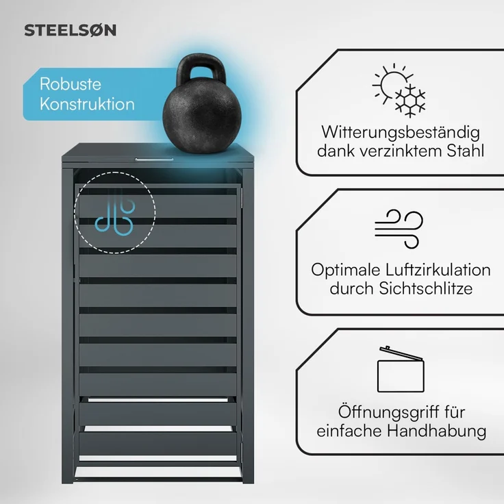 STEELSØN 'Kestra' Mülltonnenbox 1er 240 Liter, anthrazit, Mülltonnenverkleidung aus Stahl, wetterfest, 116x80x69 cm, Müllbox für 1 Tonne – Bild 4