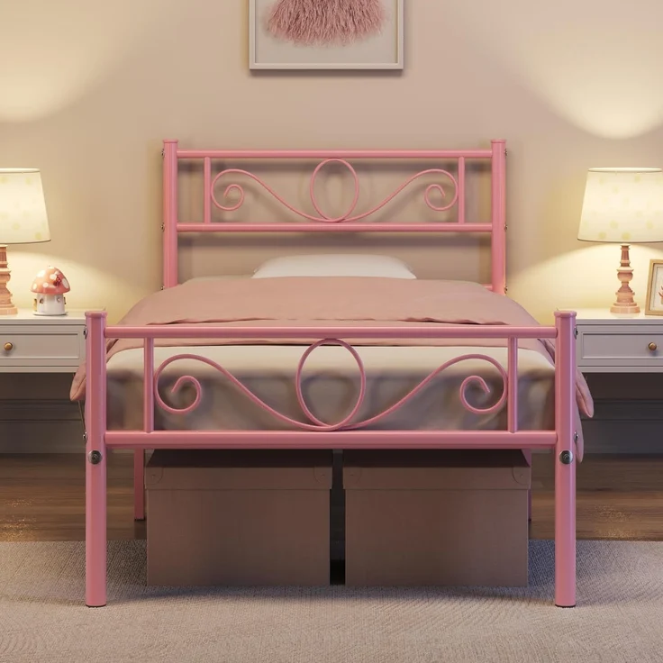 Yaheetech Metallbett mit Kopf- und Fußteil & Lattenrost, Rosa, 90x200 cm