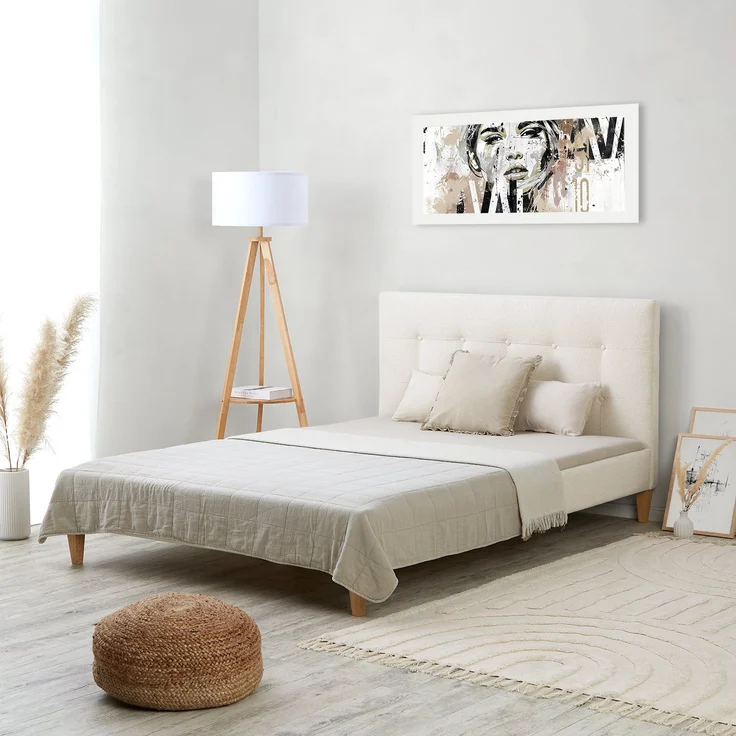 Polsterbett 140x200 cm mit Matratze Beige Bouclé Doppelbett Bett Bettgestell Lattenrost Stoffbett – Bild 3