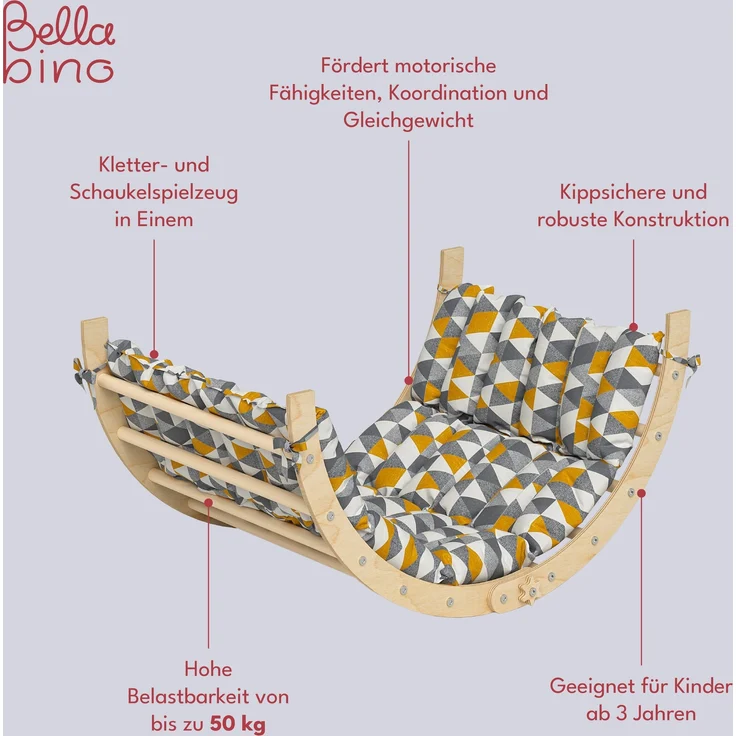 Bellabino 'Ruki' 2in1 Kletterbogen und Wippe zusammenklappbar, inkl. Matratze "Dreiecke", natur lackiert, Buche Massivholz – Bild 5