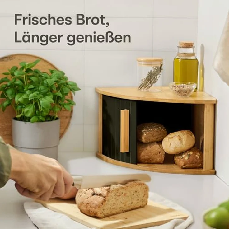 Praknu Brotkasten HAUPT Eckbrotkasten, Bambus, Holz, (Einzelartikel, 1-tlg, Nein), FSC®-zertifiziert, platzsparendes Eckformat, Schiebetür beidseitig – Bild 4