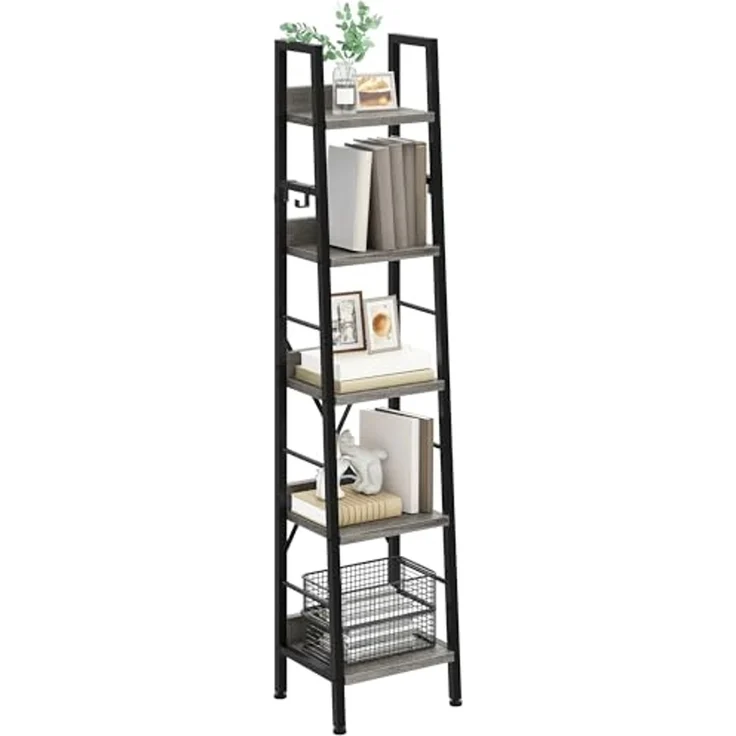 YITAHOME Schmal Bücherregal mit 5 Ebenen 35 cm Breit, Industrielles Leiterregal Standregal Holzregale und Metallrahmen, Modernes Regal für Wohnzimmer, Graues – Bild 1