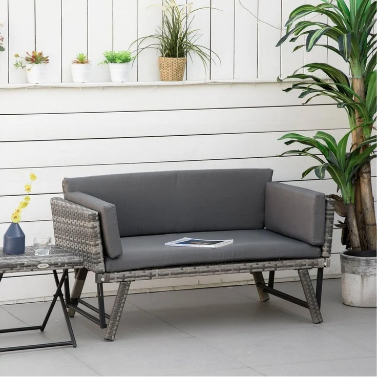 Outsunny Gartensofa Polyrattan 2 Sitzer klappbar mit Armlehnen Stahl 129x63x67cm, Gartenmöbel 1 Teile, für Garten, Balkon, Grau – Bild 1