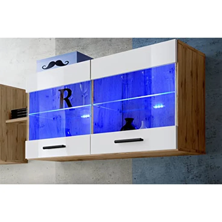 Komodee Hängevitrine Savona, Eiche Wotan und Weiß, 2 Fächer, Rechteckig, 100x50x27.2 cm, für Wohnzimmer und Wohnwände – Bild 8