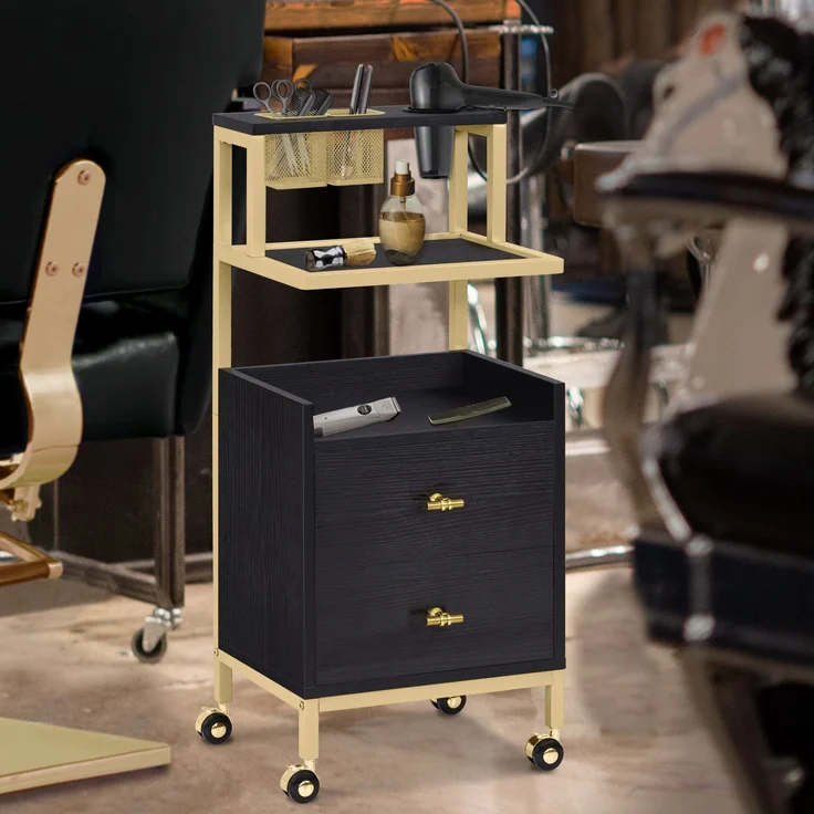 BarberPub Friseurwagen mit Rollen & 2 Schubladen, Rollwagen Servierwagen Schwarz-Gold, Salon Trolley mit 2 Ablagen & Föhnhalter, Moderner Arbeitswagen für Bad Wohnzimmer, 0029 – Bild 5