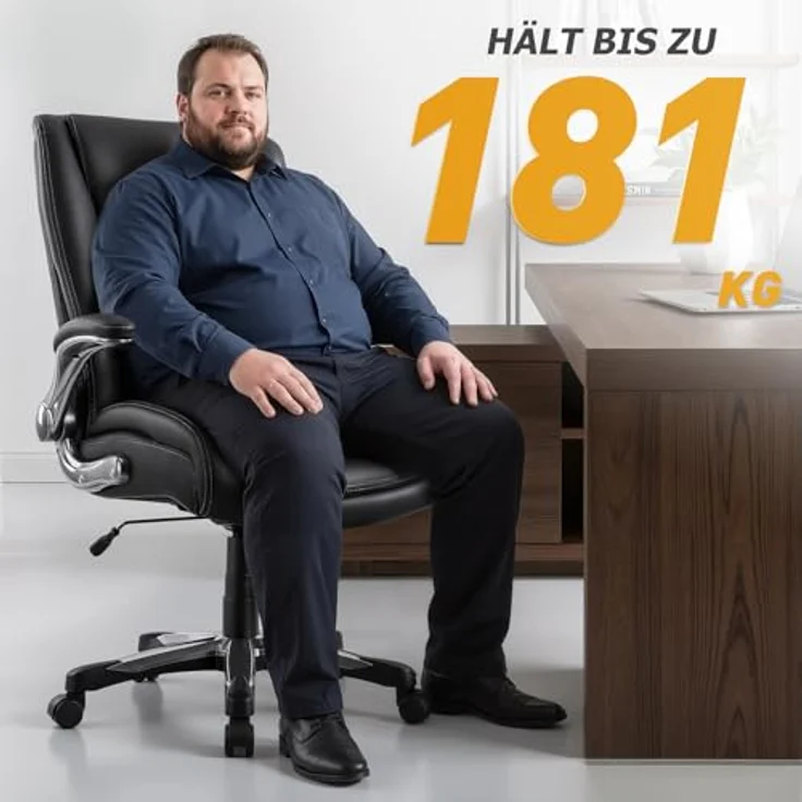COLAMY Chefsessel Bürostuhl 181kg, Großer Ergonomischer Chefsessel Leder, Breiter Sitz, Klappbare Armlehnen, Höhenverstellbar für das Homeoffice, Schwarz – Bild 4