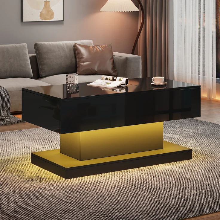 Couchtisch, mit hydraulischem Höhenverstell-System, Stauraum & LED-Beleuchtung, 100x50x45 cm, Schwarz – Bild 1