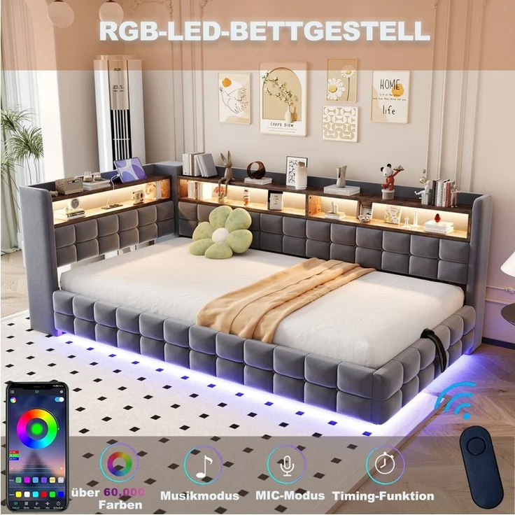 Odikalo Schlafsofa 90x200 140x200 Schlafcouch mit Bettkasten USB LED, mit Hydraulischem Stauraum, Holzregal, LED-Lichtleiste, Steckdose, USB- und Typ-C-Ladeanschlüssen, Lattenrost-Unterstützung, Samtstoff – Bild 4