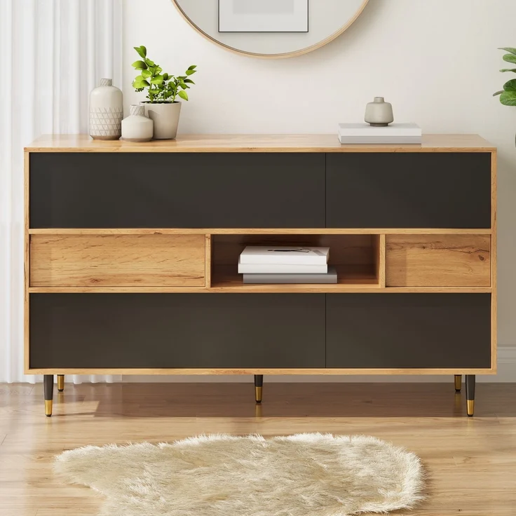 Merax Sideboard, Wohnzimmerschrank, Esszimmer-Schrank, Flurschrank, Multifunktionaler Sideboard Holz-Schwarz Kombination, 2 Schubladen, Staurschrank Esszimmer – Bild 1