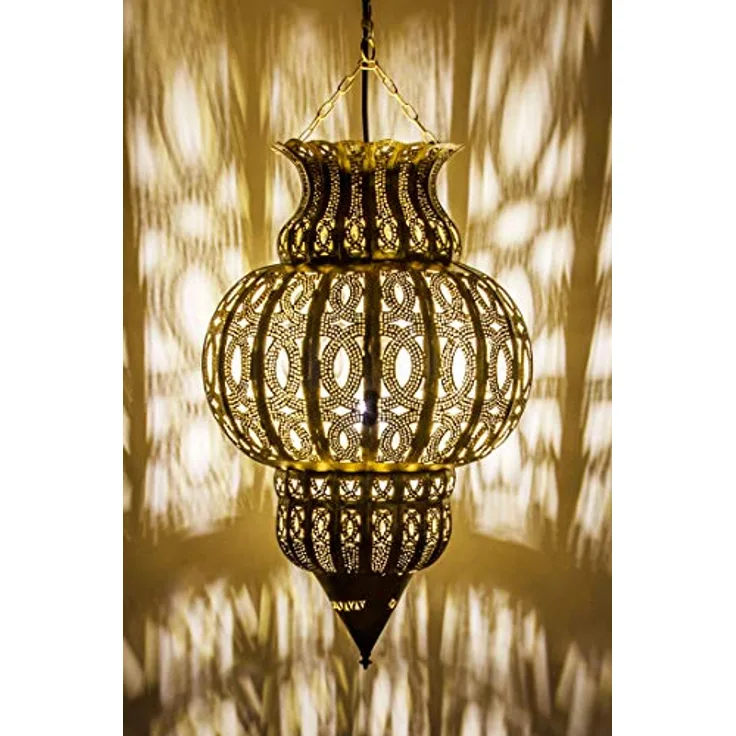 Marrakesch Orient & Mediterran Interior Orientalische Pendelleuchte Isfahan, Gold 50cm, E27 Fassung, Handarbeit aus Marokko, traumhafte Lichtreflexionen und orientalische Schattenspiele