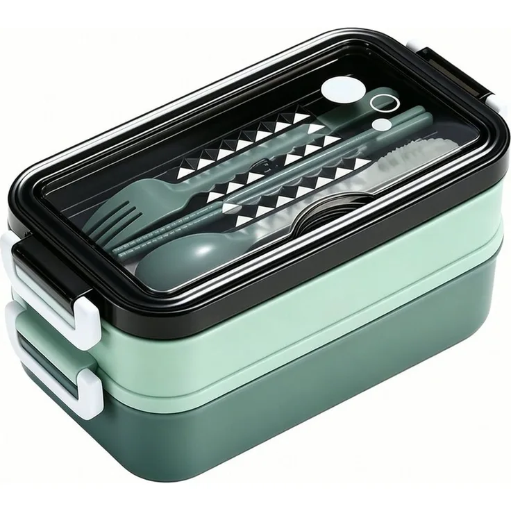 Diwzbyn Lunchbox Lunchbox 1400ml, 2-stufig, Mit Fächern & Besteck, Mit Gabel, Löffel & Essstäbchen, mikrowellengeeignet