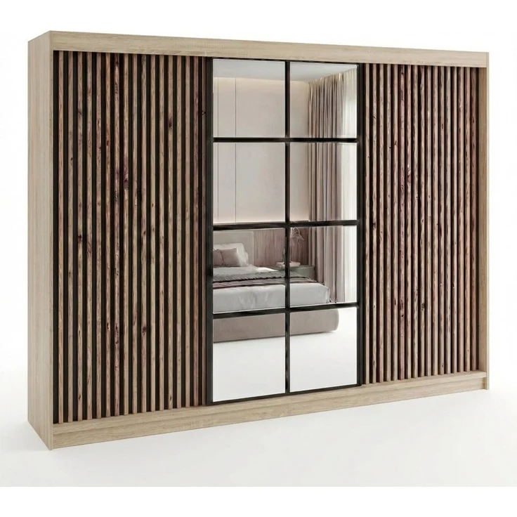 A&J MöbelLand 'NORIVO' Schwebetürenschrank, 200 cm, mit Spiegel und 3D-Lamellen, Sonoma, Lamellen: Schwarz, Comfort + – Bild 1