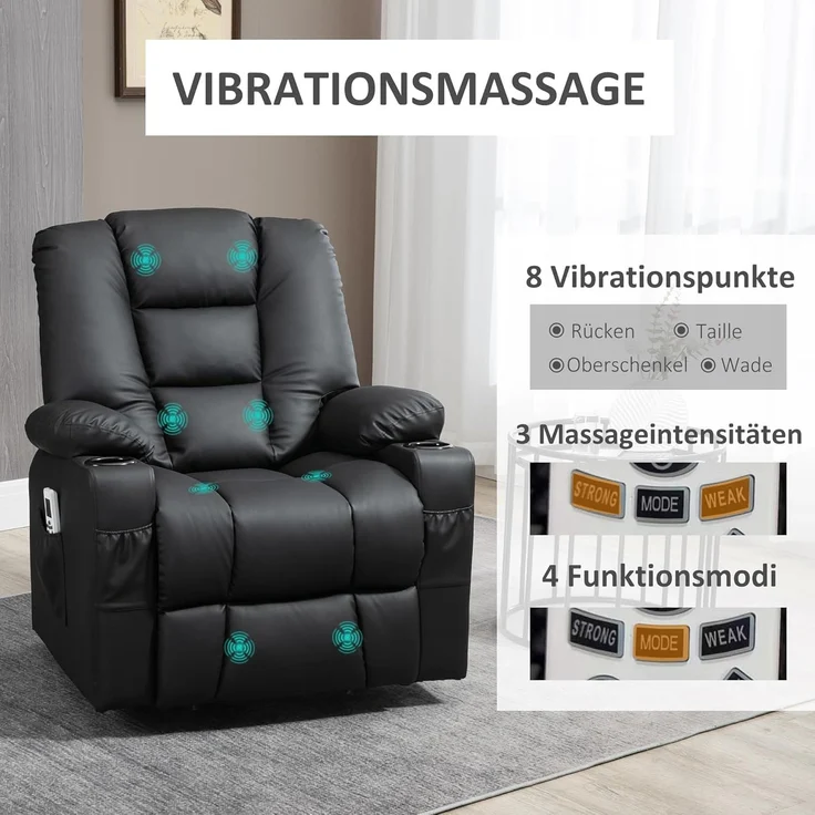 HOMCOM Massagesessel Fernsehsessel mit Liegefunktion, Rollen, Fernbedienung (Relaxsessel mit Aufstehhilfe, 2-St, TV Sessel), mit USB-Anschluss – Bild 5