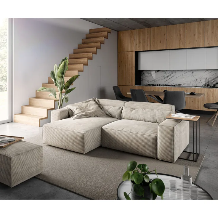 Ecksofa Sirpio 230x155 cm Cord Beige Recamiere variabel mit Hocker