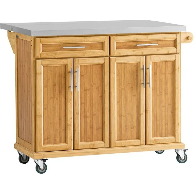 SoBuy FKW69-N Kücheninsel Küchenwagen mit erweiterbarer Edelstahlarbeitsplatte Küchenschrank Servierwagen Bambus BHT ca. : 115 x 92 x 46-71cm