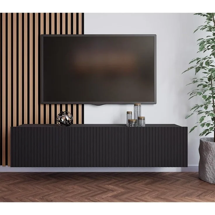 Lomadox Lowboard KEMPTEN-132, in schwarz matt, Rillenfront, 2-türig, 150 cm breit, Softclose – Bild 2
