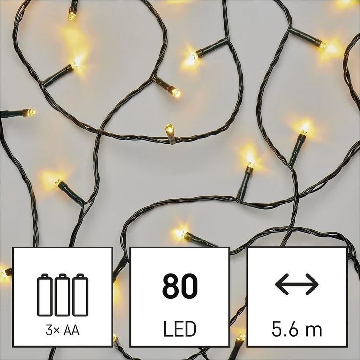 EMOS Warmweiße LED-Lichterkette 5, 6 Meter, Schwarzer Draht mit 80 LEDs, 6/18 h Timer-Funktion, Batteriebetrieben (3x AA), Leuchtdauer 10.000, IP44 für Innen und Außen, D4FW02 – Bild 3