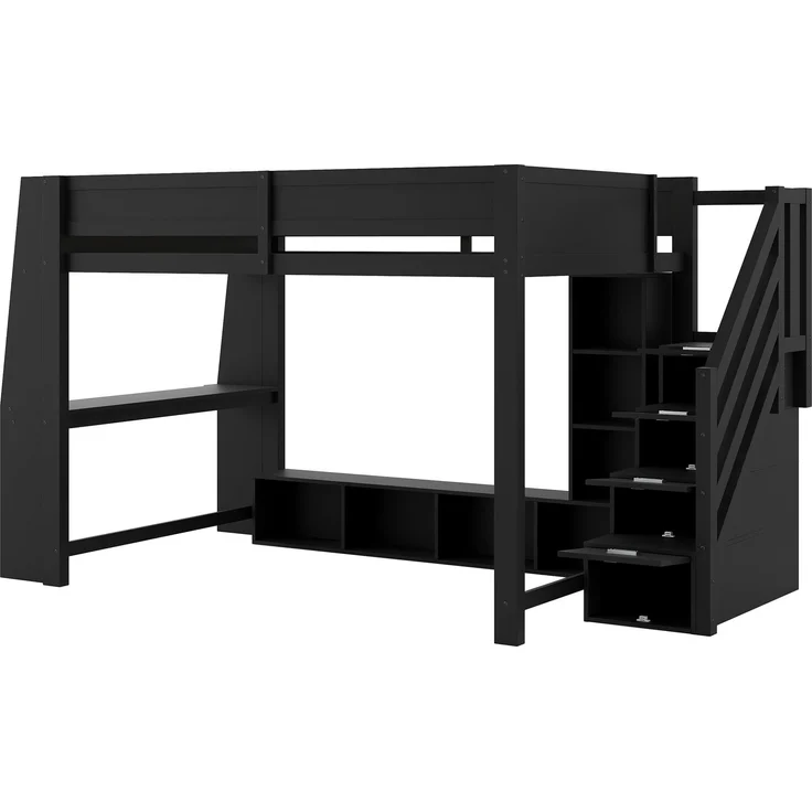 Hochbett 140x200 cm mit Schreibtisch, mehrstufigem Stauraum, LED-Beleuchtung und Stauraumtreppe, Schwarz – Bild 6