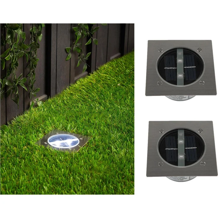 Solar LED Bodeneinbaustrahler 2er SET für Außen, Edelstahl 4-eckig 10x10cm, IP67 – Bild 1