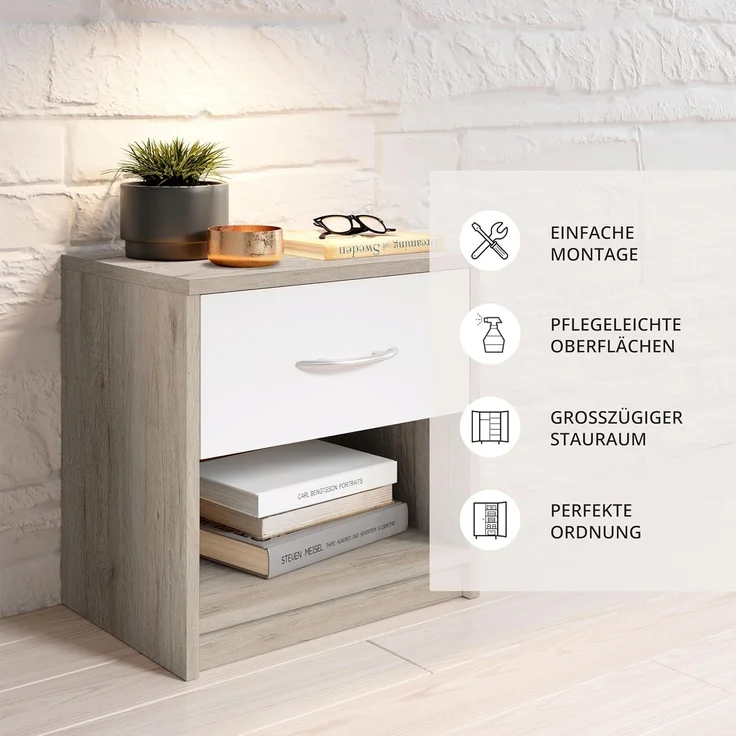 Polpower 'Pepe' Nachttisch, San Remo Optik/weiß, mit 1 Schublade, 39 x 41 x 28 cm – Bild 5
