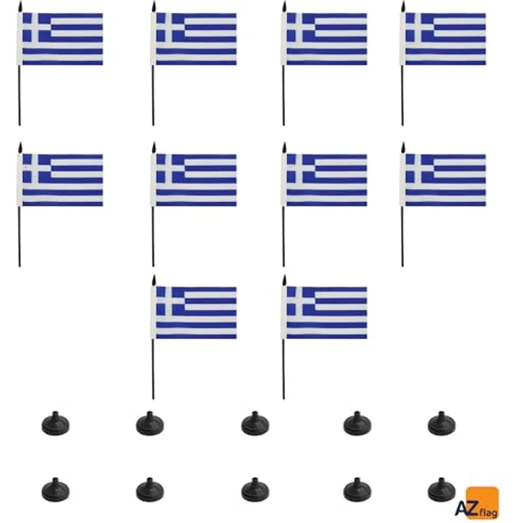 AZ FLAG - 10 Tischflagge Griechenland – 15 x 10 cm – 10 griechische Mini-Flaggen für Büro, 100% Polyester, mit Fahnenstange von 25 cm und Sockel aus schwarzem Kunststoff – Bild 5