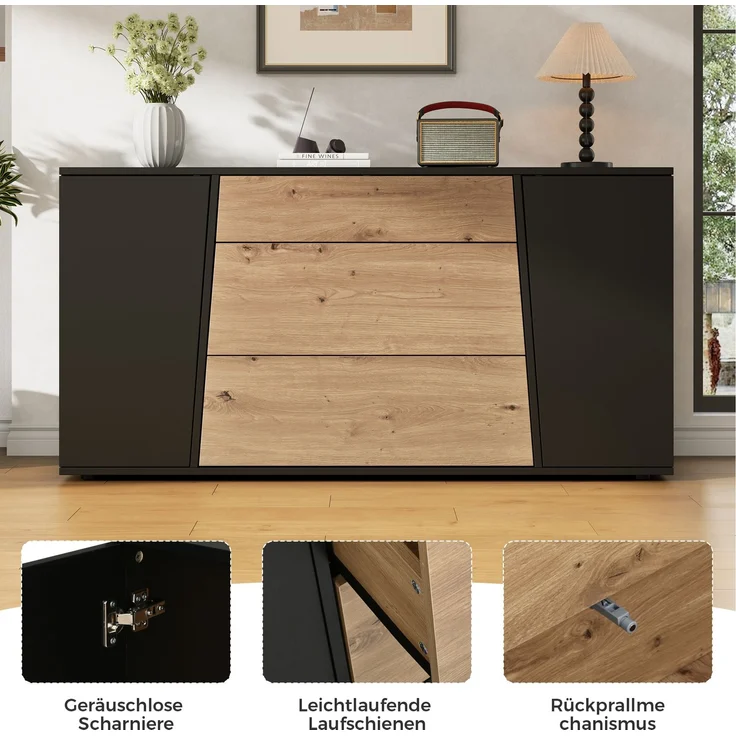 DESVIAE Sideboard Schwarz/Naturholzoptik aus MDF/Spanplatte – 140x70x35 cm – 3 Schubladen, 2 Türen – Bild 4