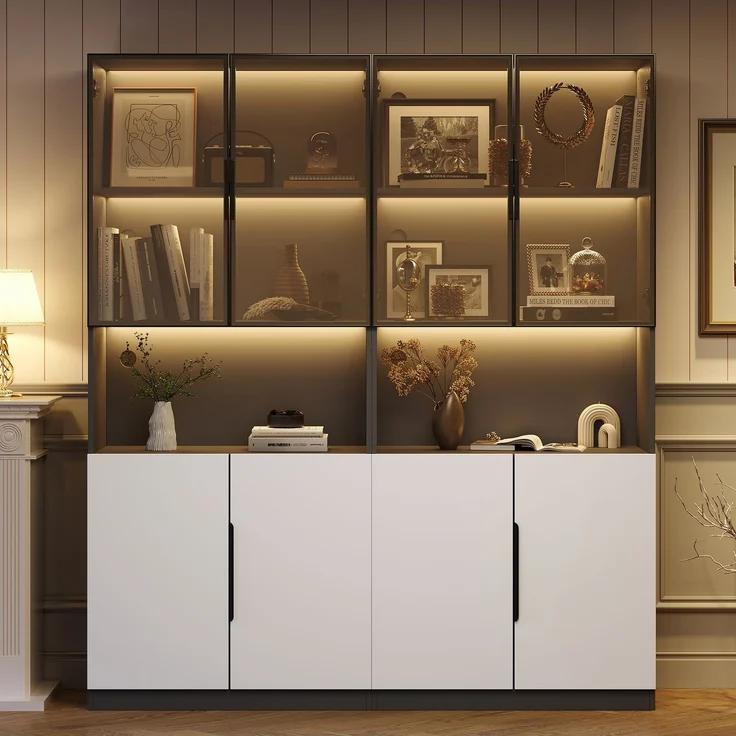 Moderne minimalistische Vitrine mit Glastüren, Vitrine mit LED-Leuchten, Bücherregal für Sammlerstücke, einstellbare Farbtemperatur und Helligkeit, weiße Türen mit schwarzer Dekoration, 30*160*200cm--Weiß--30x160x200cm--YOUDENOVA – Bild 1