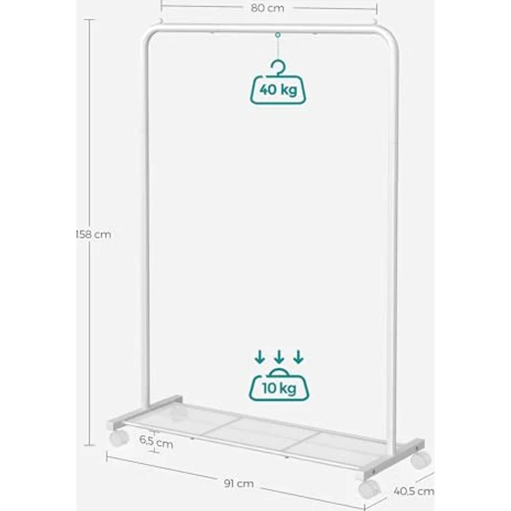 SONGMICS Kleiderständer, Kleiderstange auf Rollen, Garderobenständer Metall, Rollgarderobe 91 cm breit, mit Ablage, 2 Rollen mit Bremse, Stange bis 40 kg belastbar, weiß HSR025W01 – Bild 6