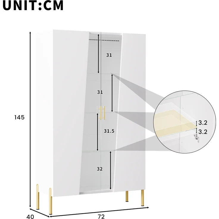 ZUBALIYA LED-Beleuchteter Glasschrank 72 x 40 x 145 cm, mit asymmetrischer gehärteter Glastür, 3 Glasböden, Metallgriff und Metallfüßen, als Vitrine, Esszimmerschrank, Bücherregal,Weiß – Bild 6