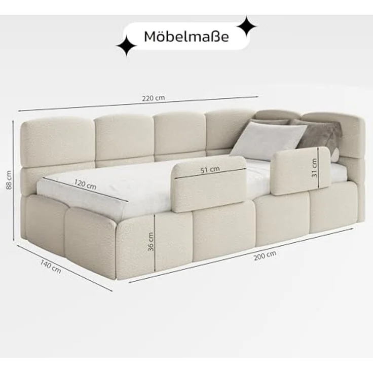 Selsey 'Cloudy' Kinderbett 120 cm, Bettkasten, 2x Rausfallschutz, Chenille, links, Braun – Bild 3