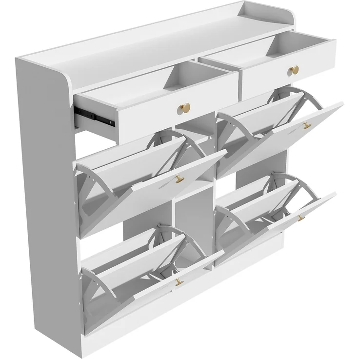 Schuhschrank mit 4 Klapptüren, 2 Schubladen & 3 Fächern, 110x26x100 cm, Weiß – Bild 7