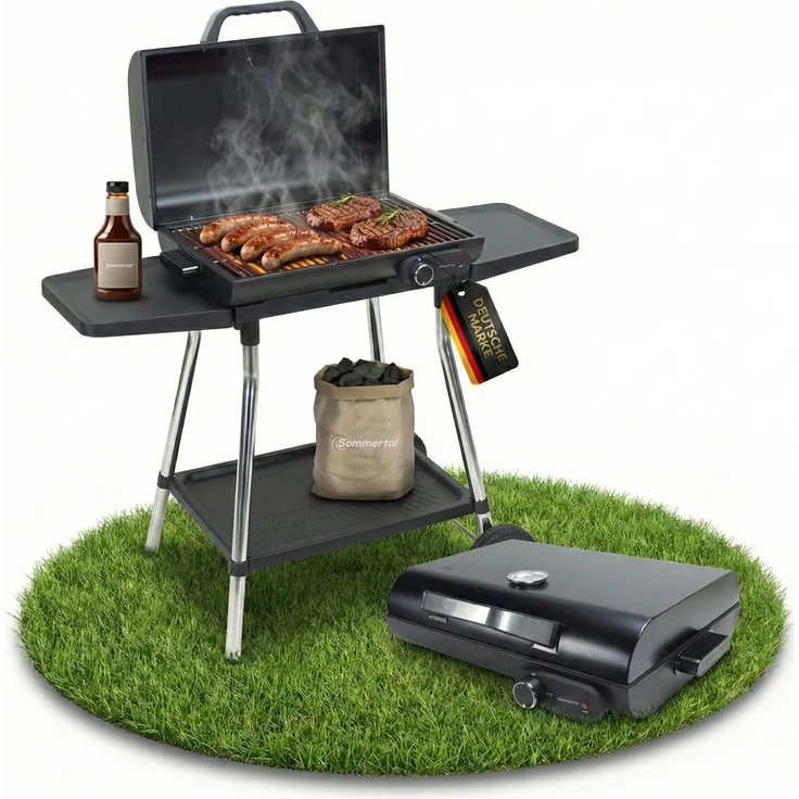Sommertal BBQ928 2in1 Elektrogrill mit Deckel | Tischgrill & Standgrill elektrisch | Antihaft-Grillplatte + Grillrost | 2180W – Bild 1