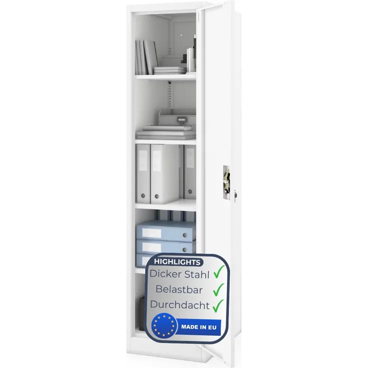 Aktenschrank abschließbar KADO - 5 Ebenen verstellbar, Flügeltüren | Metallschrank Werkstatt Mehrzweckschrank Büroschrank aus Stahl Werkzeugschrank, 185 x 45 x 60 cm Weiß