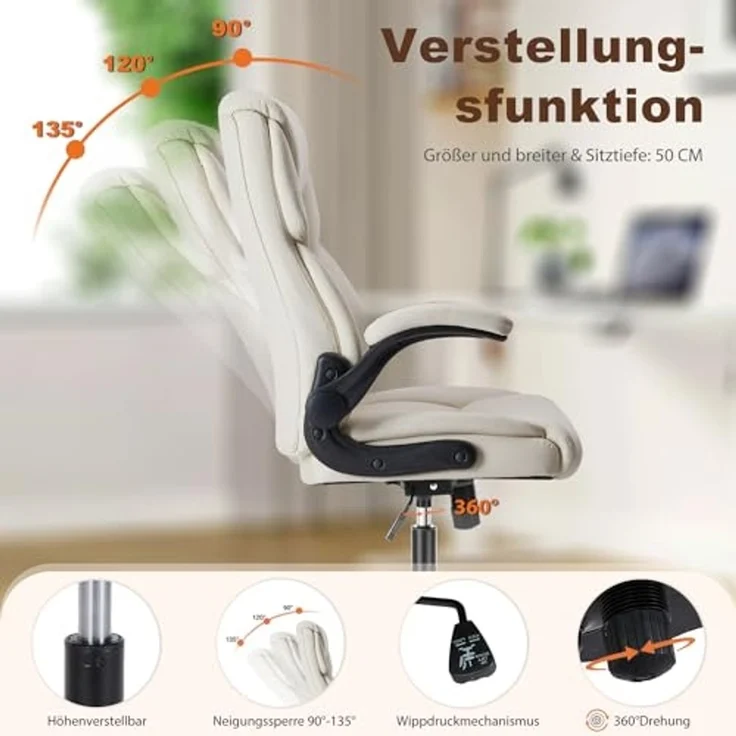DUMOS Bürostuhl Pu-Leder Chefsessel mit Hochklappbaren Armlehnen Bürostuhle Leder mit Drehbaren Rädern Office Chair Ergonomic Geeignet für Büros Zuhause und Andere Umgebungen – Bild 3