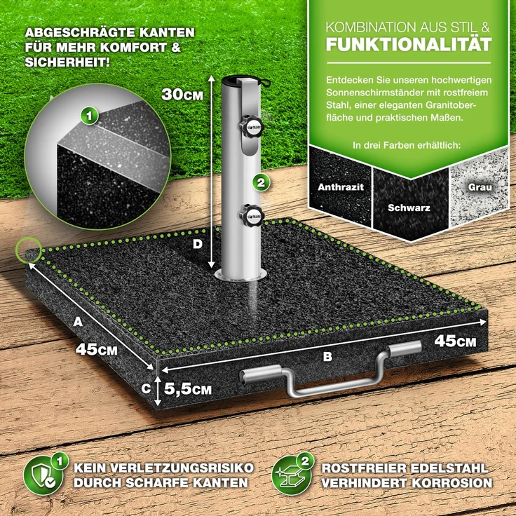 tillvex® Granit Sonnenschirmständer mit Rollen & Transportgriff Anthrazit - 27 kg Eckig | Schirmständer Sonnenschirm mit Edelstahlrohr | Balkonschirmständer für Schirmstöcke 16-48 mm & 300 cm Schirmdurchmesser – Bild 2