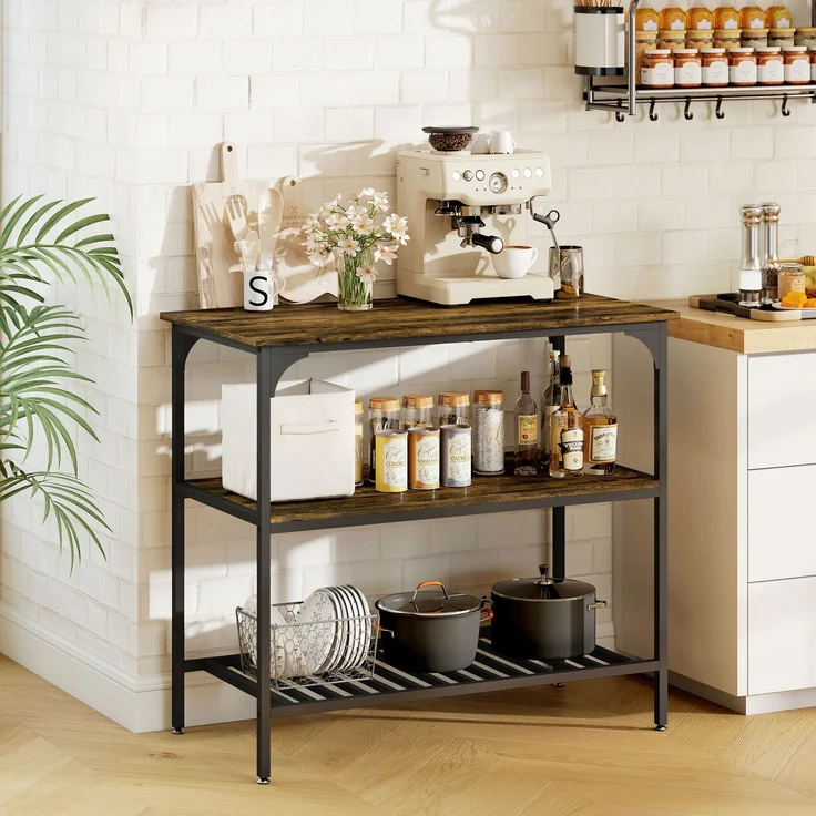Wohnora-Bäckerregal, 3-stufiges Küchenregal mit Stahlrahmen, Rustikales Braun+Schwarz,H 900cm x T 1000cm x B 500cm – Bild 3