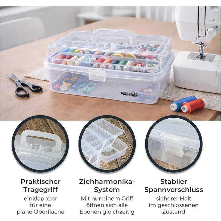 HMF Aufbewahrungsbox Nähkasten aufklappbar mit 3 Ebenen, Sortierbox mit 8 Fächern für, Kleinteile, 36,5 x 20,5 x 16 cm, Transparent – Bild 2