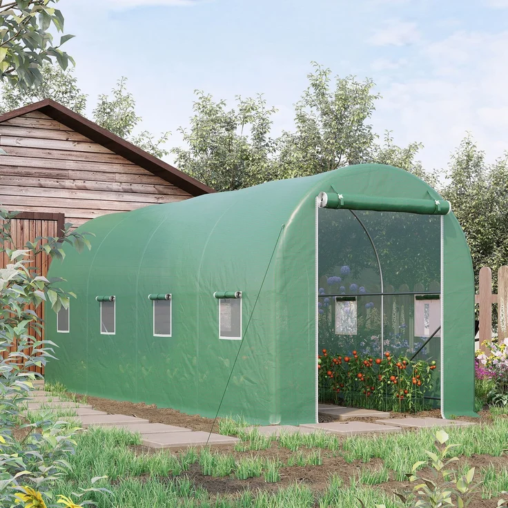 MELAYR, Tunnelgewächshaus 500x200x205 cm, Gartengewächshaus mit Rolltor und 8 Fenstern, PE-Abdeckung 140 g/m², Grün – Bild 3