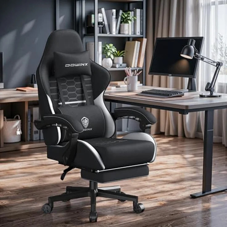 Dowinx Gaming Stuhl Tasche Frühling Kissen, Atmungsaktiver Bürostuhl aus Hochwertigem Stoff, Ergonomischer PC-Stuhl mit Kopfstütze, Drehbarer Schreibtischstuhl mit Fußstütze (Schwarz und Weiß) – Bild 3