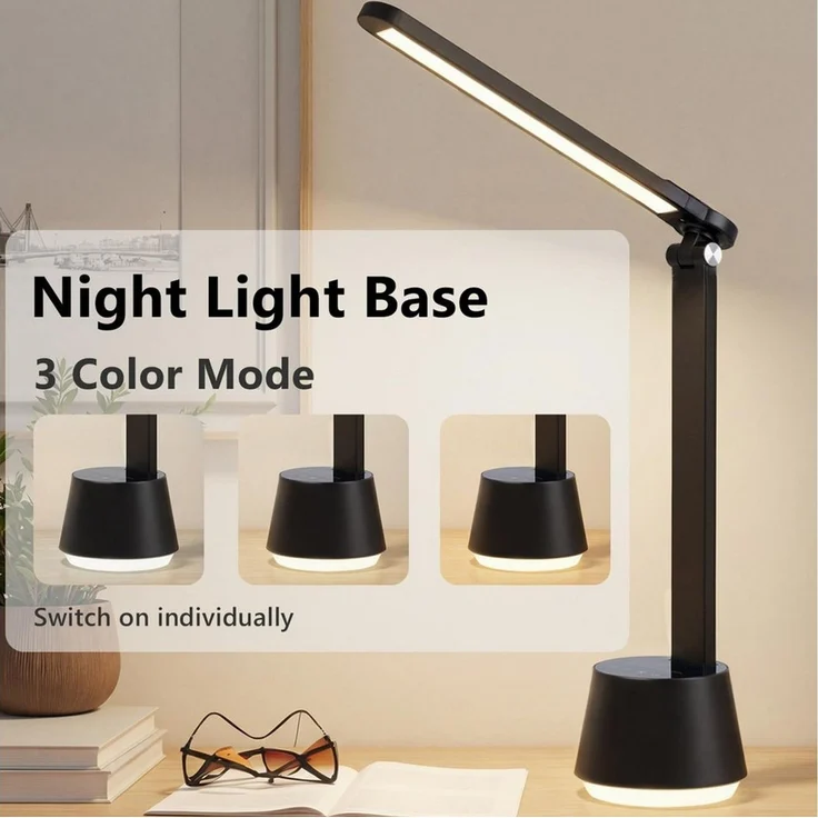 LQWELL LED Schreibtischlampe Nachttischlampe Touch LED Schreibtischlampe mit UntenNachtlicht, LED fest integriert, 3 Farben & Helligkeit Dimmbare, Lampenkopf faltbar, Timerfunktion, 1.5m Netzkabel, für Zuhause, das Büro oder unterwegs. – Bild 2
