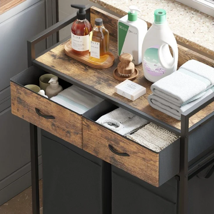 Mondeer Wäschekorb Metallgestell Wäschesammler (2 St, 2 x 50 L), mit 2 abgetrennten Säcken & 2 Schubladen, mit Rollen & Netztaschen – Bild 3