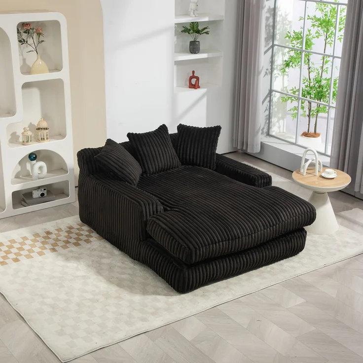Chaiselongue Cord Sessel Indoor 125x155 cm Lounge-Sofa Relax-Sessel mit Kissen für Wohnzimmer Schlafzimmer,schwarz – Bild 3