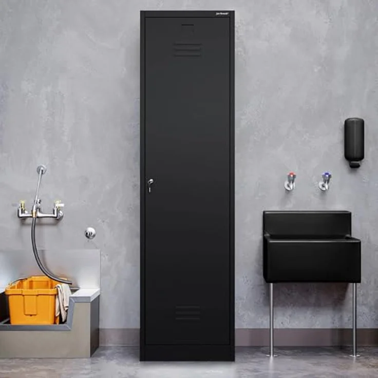 Jan Nowak Besenschrank Haushaltsschrank Metall - Agnes | 50 x 185 x 50 cm | Mehrzweckschrank Weiß mit Regale und Kleiderstange | Schloss, Belüftung | Putzschrank Schmal 50 cm Breit | Schwarz – Bild 7