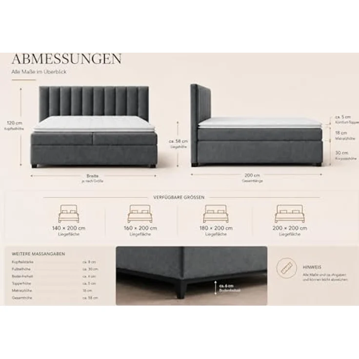 Best for Home Boxspringbett Trinity K-10, Doppelbett mit 2 Bettkästen, 7-Zonen Komfort-Topper, Federkernmatratze, gepolstertes Kopfteil, Graphit, verschiedene Größen 140x200 bis 200x200 cm – Bild 2