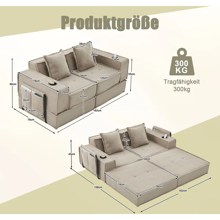 ZUBALIYA Schlafsofa 78x66 cm, mit Stauraum, mit Cordbezug, mit breiten Armlehnen, modular aufgebaut, mit Schaumstoffpolsterung – Bild 9
