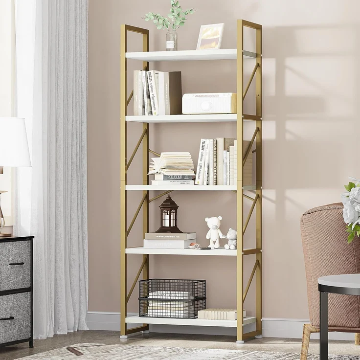 YITAHOME Bücherregal mit 5 Ebenen, Industrielles Standregal Aufbewahrungsregale für Wohnzimmer Bücher Schlafzimmer Büro Küche Zeitschriften, Golden – Bild 1