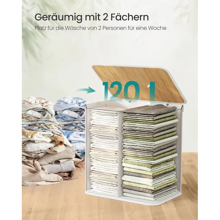 SONGMICS Wäschekorb 2 Fächer, 100 L Wäschesammler mit Deckel, Wäschebox Bambus, mit Griffen, faltbar, Wäschesack herausnehmbar maschinenwaschbar, Waschküche, braun, grau – Bild 5