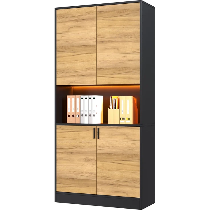 ZUBALIYA Aktenschrank 80x35x180cm mit LED-Beleuchtung, Mehrzweck-Aufbewahrungsschrank aus Holz, Hochschrank mit verstellbaren Einlegeböden, Sideboard für Büro Wohnzimmer Flur,Aktenschrank,Flurschrank – Bild 4