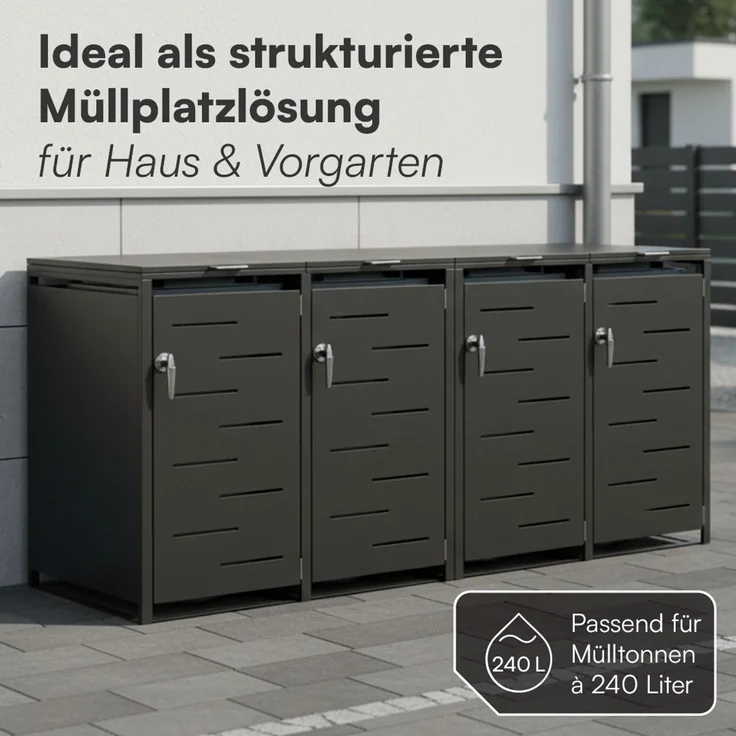 STEELSØN 'Diorus' Mülltonnenbox 4er je 240 Liter, graphitschwarz, Mülltonnenverkleidung aus Stahl mit Sichtstreifen, wetterfest, 116x80x268 cm, abschließbare Müllbox für 4 Tonnen – Bild 3